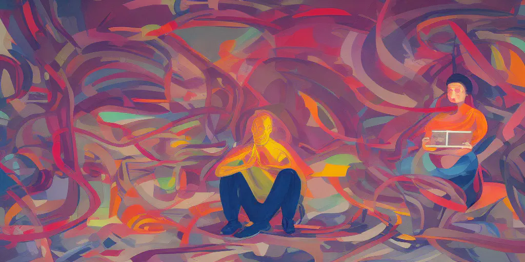 An AI-generated futuristic painting of a person practicing mindfulness in the chaos of modern life.